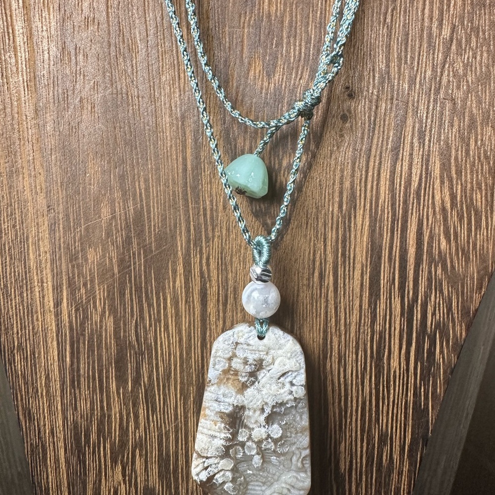 Coral Fossil Flower Agate Landscape Carving Pendant Necklace on Green Lotus Rope - Picture 5 of 10